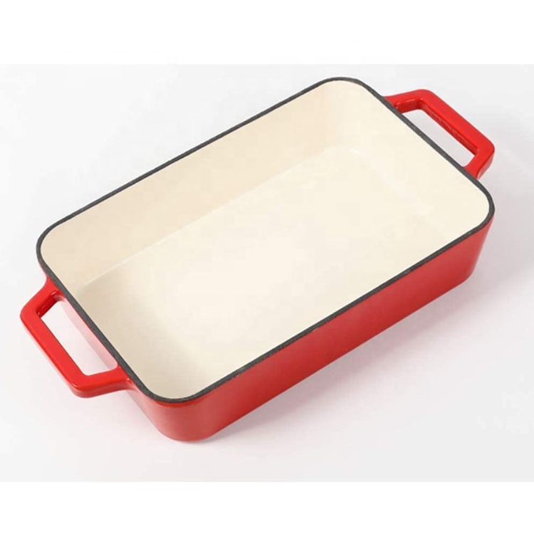 ENAMELED CAST IRON RECTANGULAR ROASTER, CASSEROLE DISH, LASAGNA PAN, DEEP ROASTING PAN - RED