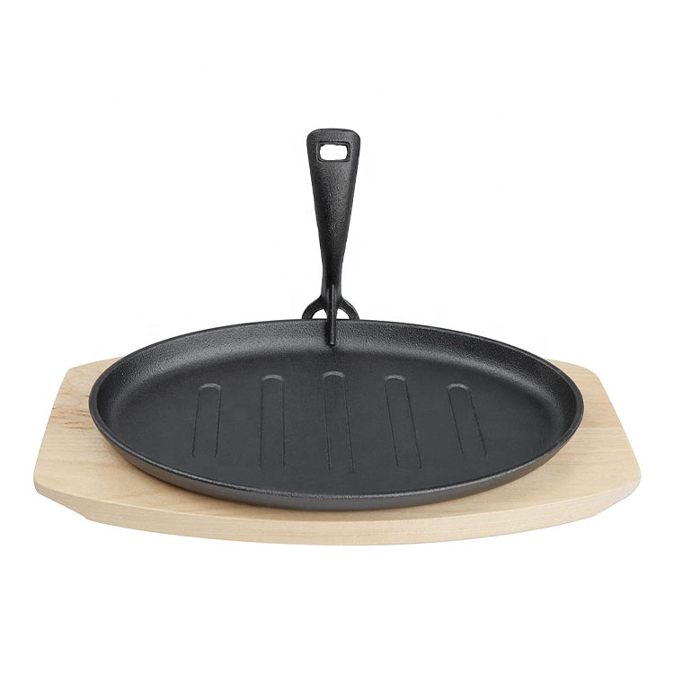 High Quality Cast Iron Sizzling Plate Pre-seasoned Cooking Hot Plate for Fish With Wooden
